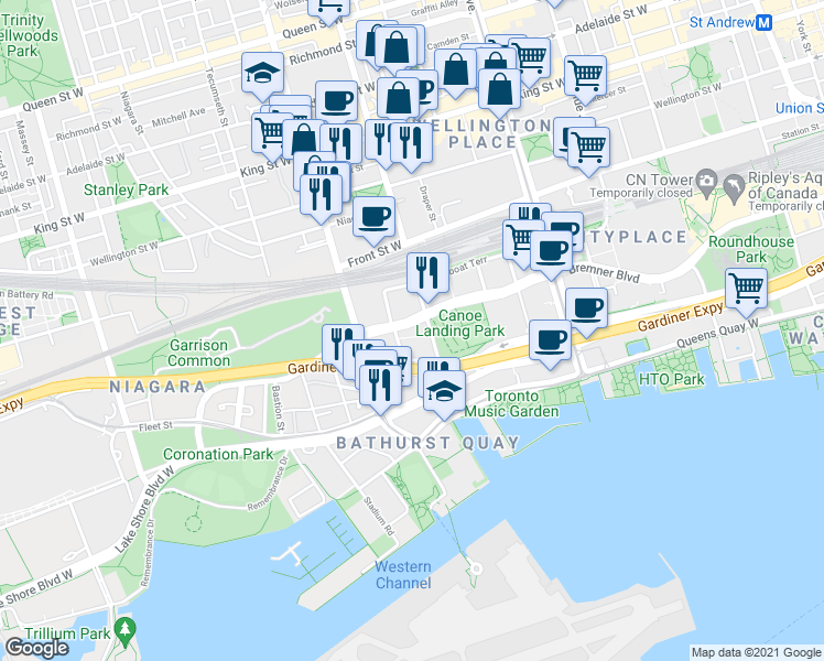 map of restaurants, bars, coffee shops, grocery stores, and more near 85 Navy Wharf Court in Toronto