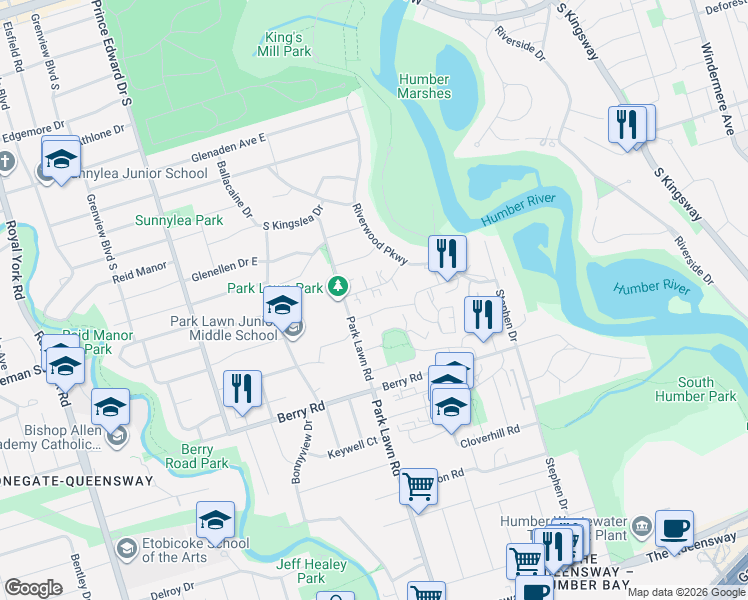 map of restaurants, bars, coffee shops, grocery stores, and more near 6 Hill Heights Road in Toronto