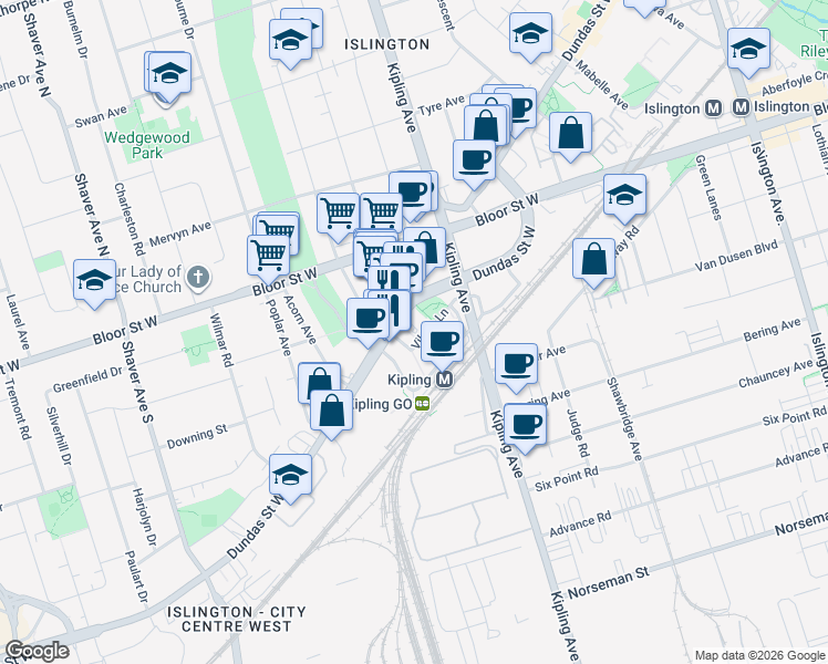 map of restaurants, bars, coffee shops, grocery stores, and more near 5233 Dundas Street West in Toronto
