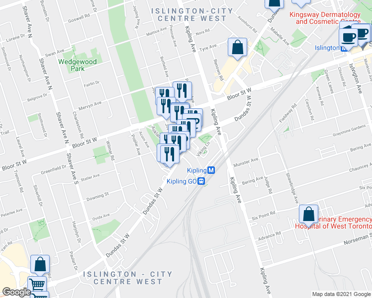 map of restaurants, bars, coffee shops, grocery stores, and more near 35 Viking Lane in Toronto