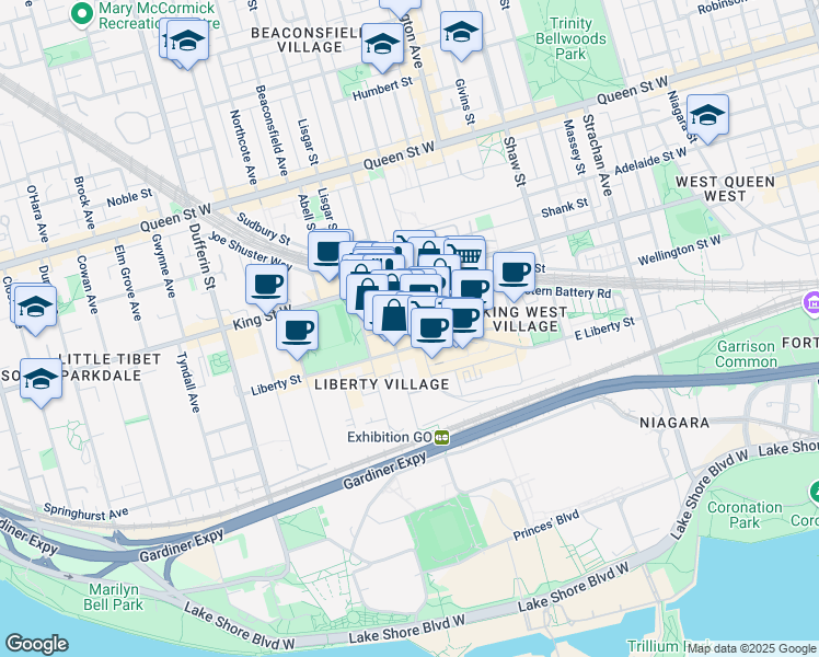 map of restaurants, bars, coffee shops, grocery stores, and more near 99 Atlantic Avenue in Toronto
