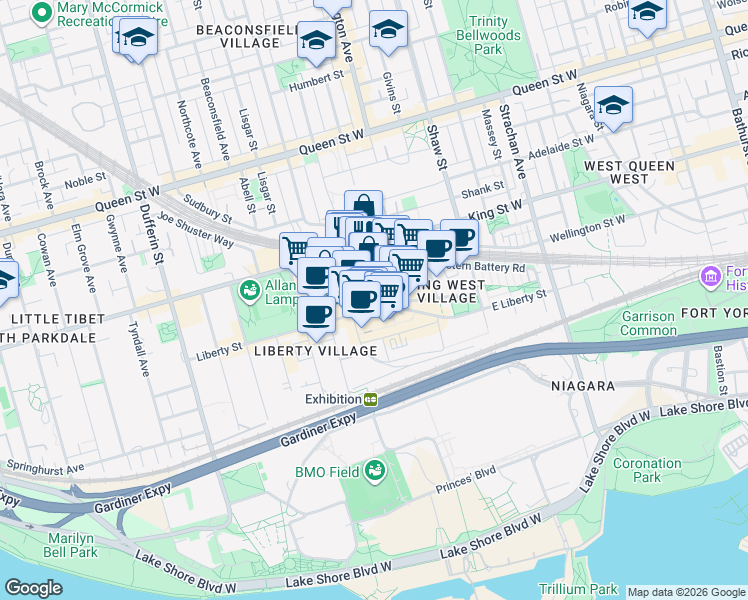 map of restaurants, bars, coffee shops, grocery stores, and more near 171 East Liberty Street in Toronto