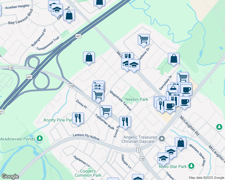 map of restaurants, bars, coffee shops, grocery stores, and more near 7293 Magistrate Terrace in Mississauga