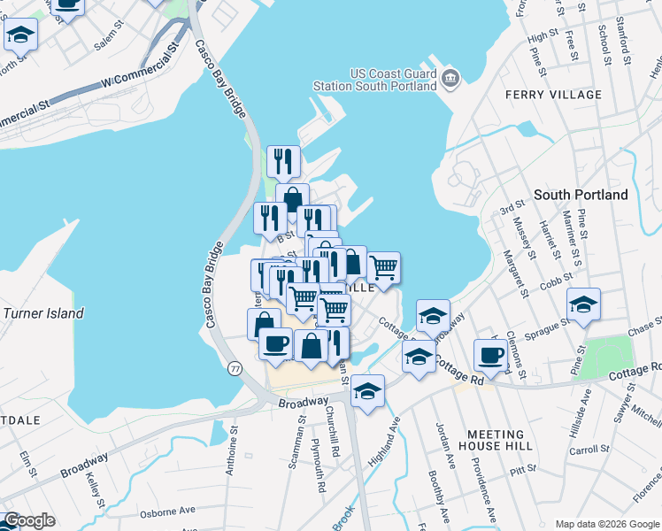 map of restaurants, bars, coffee shops, grocery stores, and more near 3 D Street in South Portland