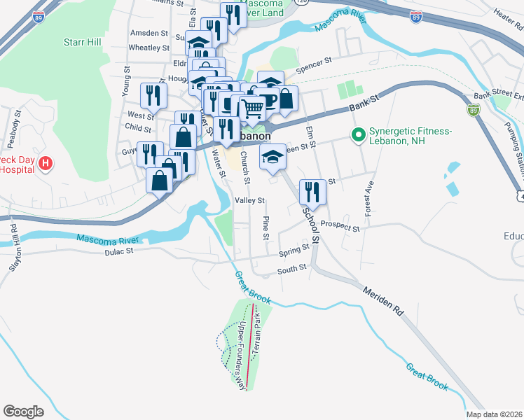 map of restaurants, bars, coffee shops, grocery stores, and more near 1 Valley Street in Lebanon