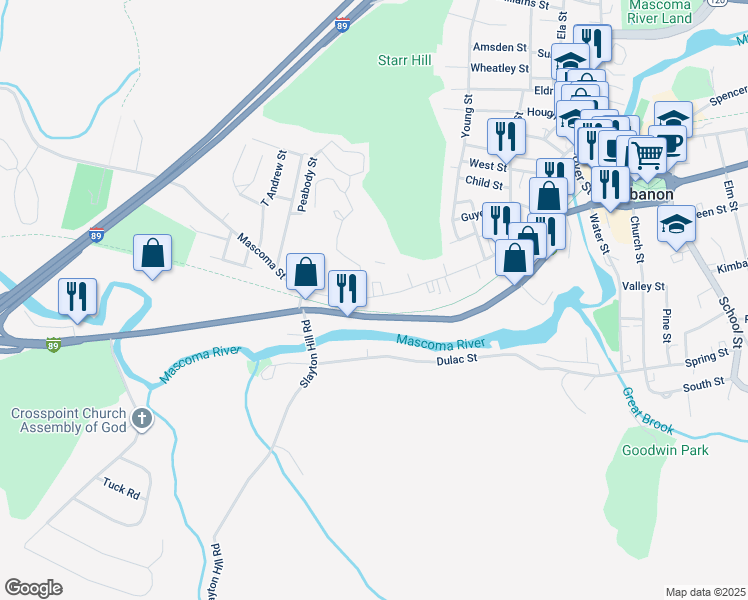 map of restaurants, bars, coffee shops, grocery stores, and more near 127 Mascoma Street in Lebanon