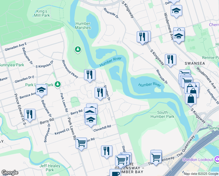 map of restaurants, bars, coffee shops, grocery stores, and more near 173 Stephen Drive in Toronto