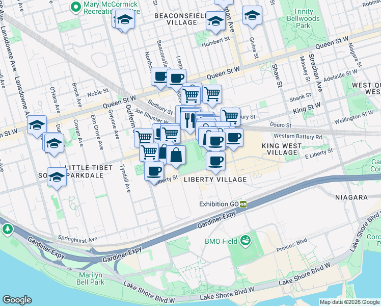 map of restaurants, bars, coffee shops, grocery stores, and more near 1151 King Street West in Toronto