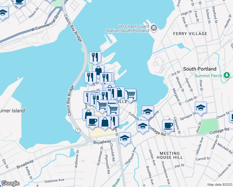 map of restaurants, bars, coffee shops, grocery stores, and more near 3 D Street in South Portland