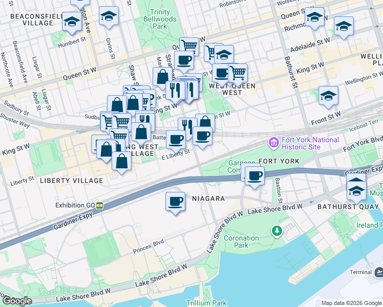 map of restaurants, bars, coffee shops, grocery stores, and more near 15 Solidarity Way in Toronto