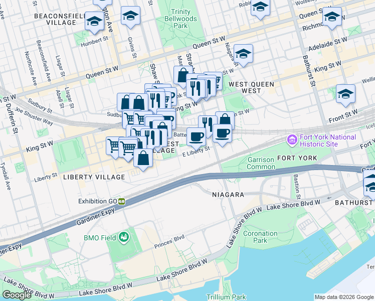 map of restaurants, bars, coffee shops, grocery stores, and more near 50 East Liberty Street in Toronto