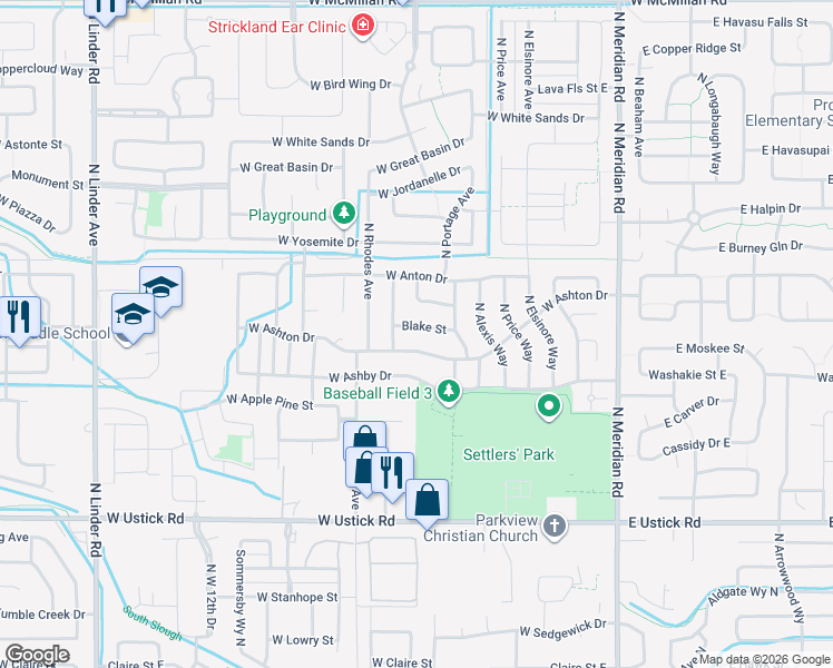 map of restaurants, bars, coffee shops, grocery stores, and more near 600 Blake Street in Meridian