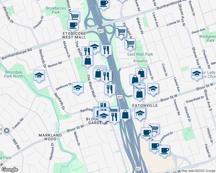 map of restaurants, bars, coffee shops, grocery stores, and more near 1 Eva Road in Toronto