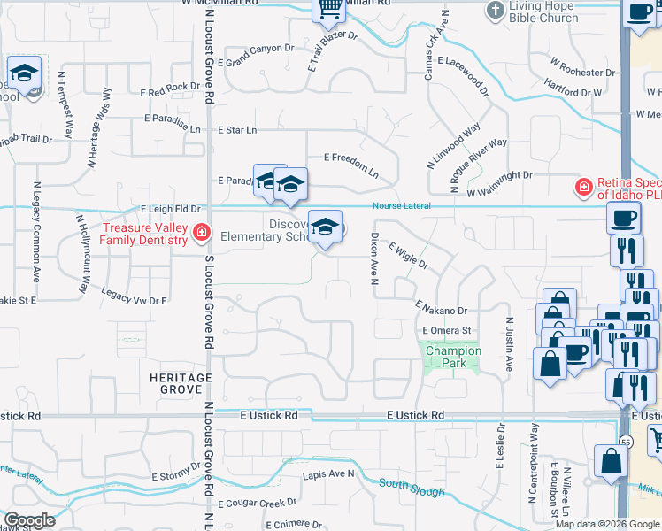 map of restaurants, bars, coffee shops, grocery stores, and more near 3725 North Neith Avenue in Meridian