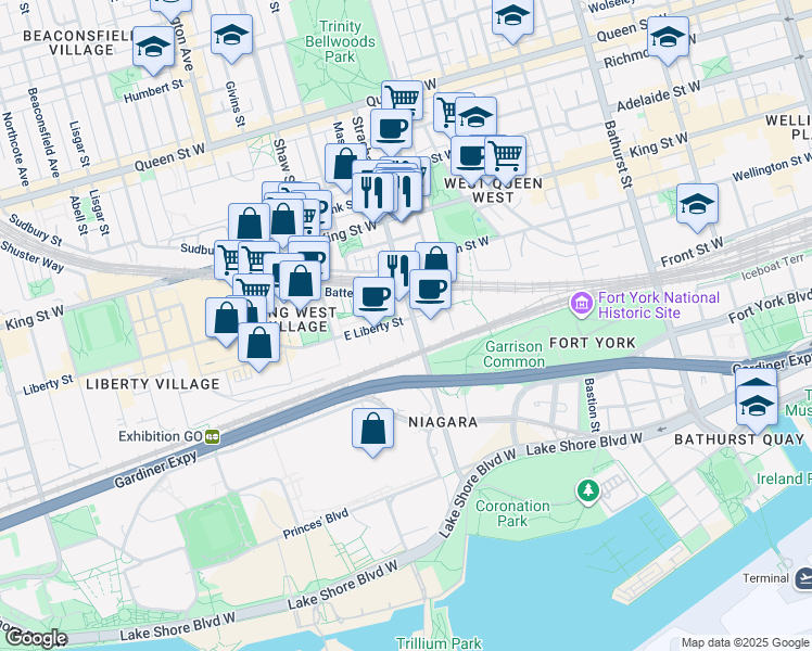 map of restaurants, bars, coffee shops, grocery stores, and more near 15 Solidarity Way in Toronto
