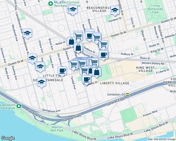 map of restaurants, bars, coffee shops, grocery stores, and more near 96 Mowat Avenue in Toronto