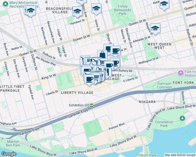 map of restaurants, bars, coffee shops, grocery stores, and more near 120 Lynn Williams Street in Toronto