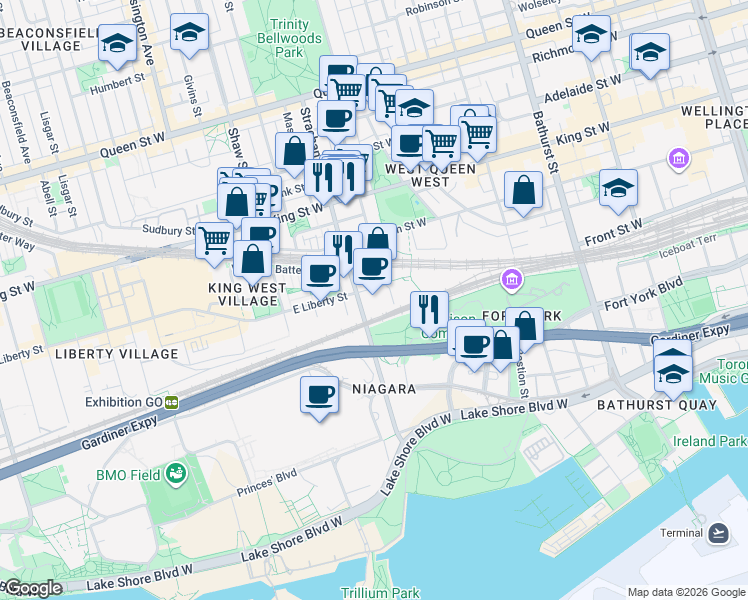 map of restaurants, bars, coffee shops, grocery stores, and more near 30 Ordnance Street in Toronto