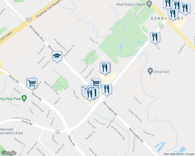 map of restaurants, bars, coffee shops, grocery stores, and more near 321 Aspendale Crescent in Mississauga
