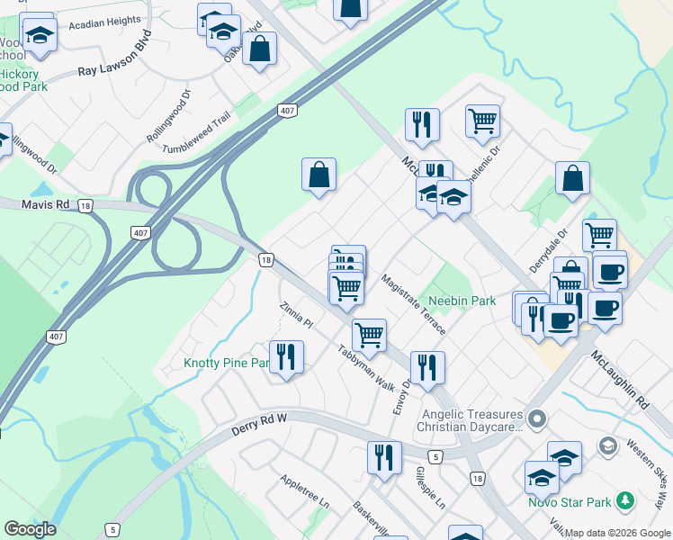 map of restaurants, bars, coffee shops, grocery stores, and more near 717 Salinger Court in Mississauga