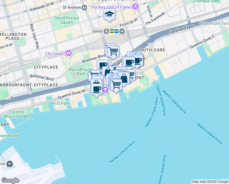 map of restaurants, bars, coffee shops, grocery stores, and more near 109 Queens Quay West in Toronto
