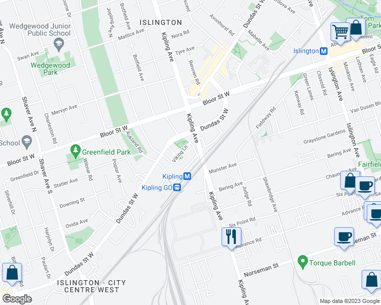 map of restaurants, bars, coffee shops, grocery stores, and more near in Toronto