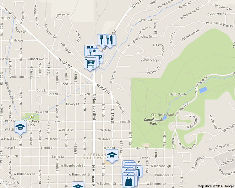 map of restaurants, bars, coffee shops, grocery stores, and more near 1413 Camel Back Lane in Boise