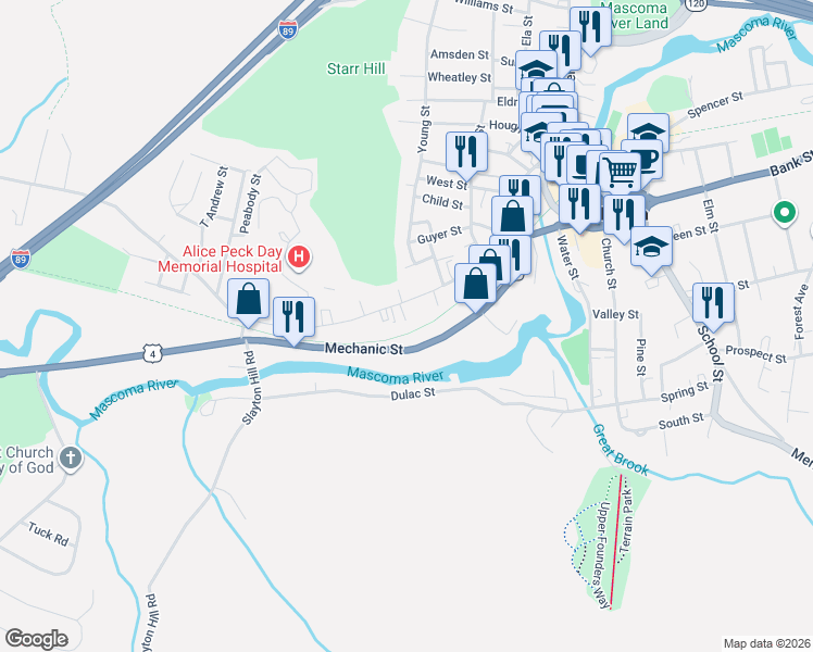 map of restaurants, bars, coffee shops, grocery stores, and more near 76 Mascoma Street in Lebanon
