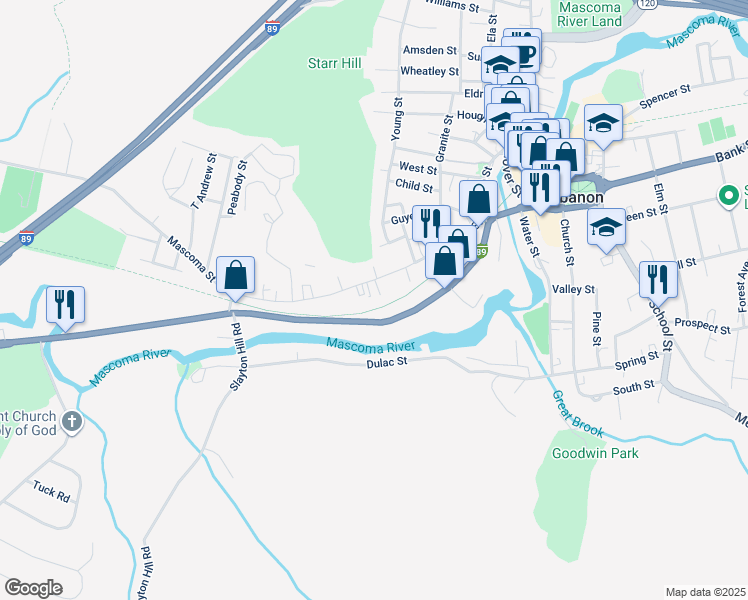 map of restaurants, bars, coffee shops, grocery stores, and more near 90 Mascoma Street in Lebanon