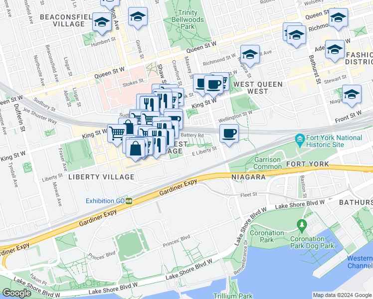 map of restaurants, bars, coffee shops, grocery stores, and more near in Toronto