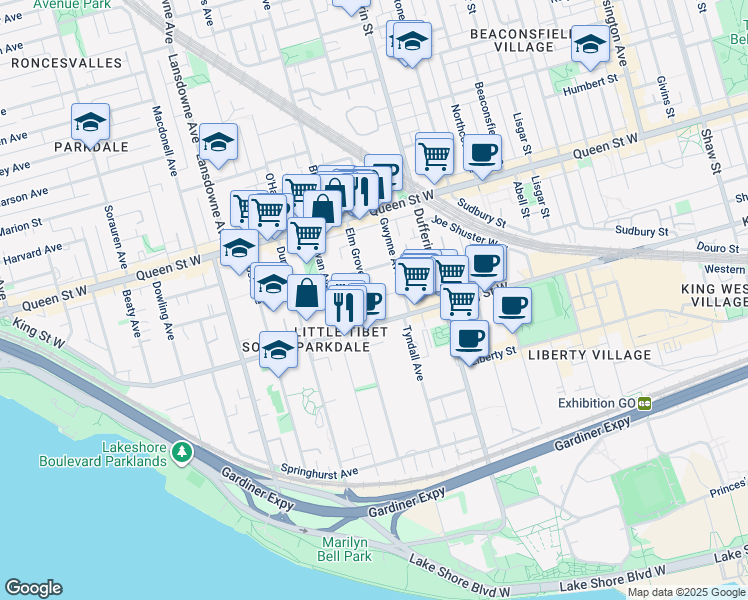 map of restaurants, bars, coffee shops, grocery stores, and more near in Toronto