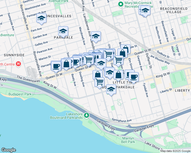 map of restaurants, bars, coffee shops, grocery stores, and more near 1439 Queen Street West in Toronto