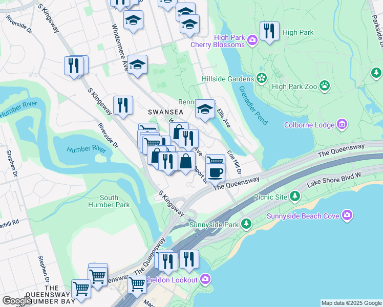 map of restaurants, bars, coffee shops, grocery stores, and more near in Toronto