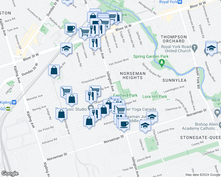 map of restaurants, bars, coffee shops, grocery stores, and more near 1138 Islington Avenue in Toronto