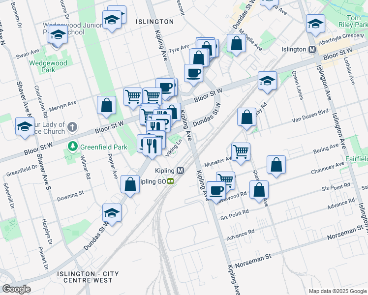 map of restaurants, bars, coffee shops, grocery stores, and more near in Toronto