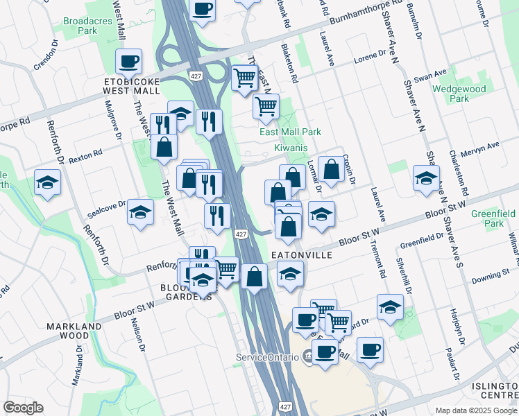 map of restaurants, bars, coffee shops, grocery stores, and more near in Toronto