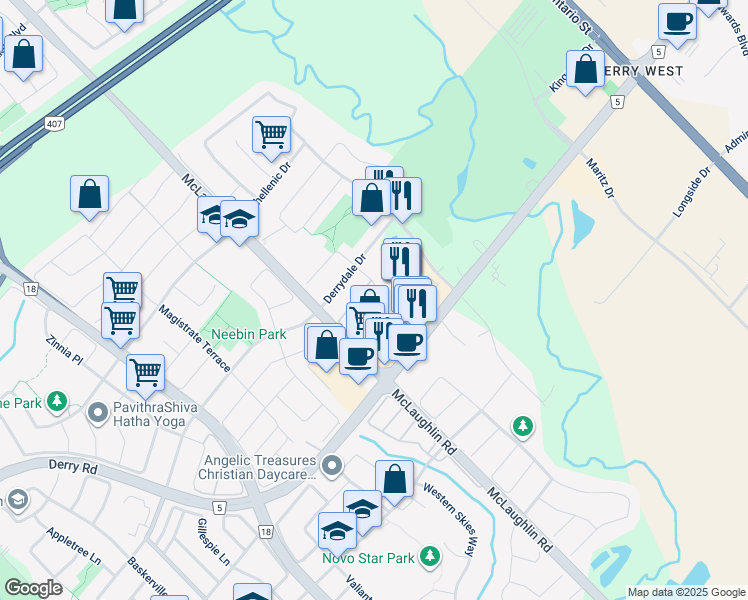 map of restaurants, bars, coffee shops, grocery stores, and more near in Mississauga