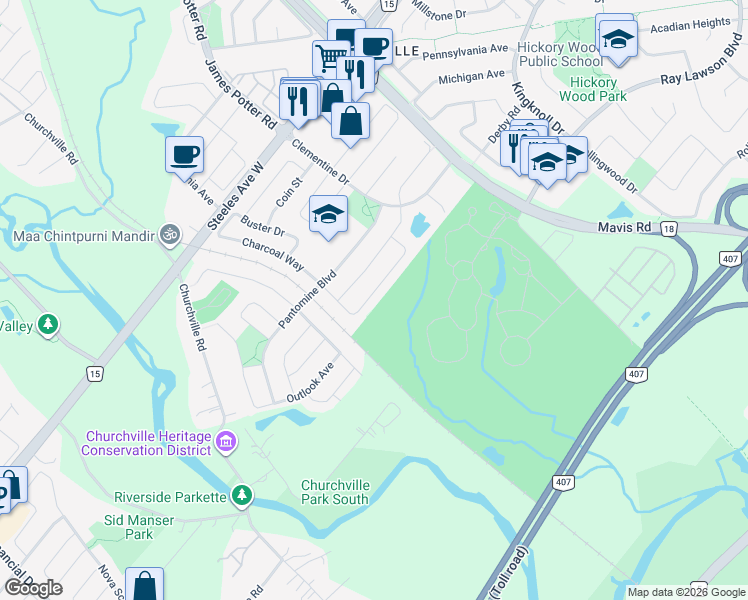 map of restaurants, bars, coffee shops, grocery stores, and more near 65 Ashdale Road in Brampton
