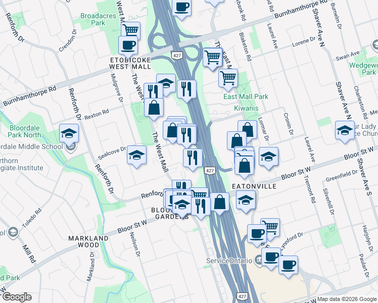 map of restaurants, bars, coffee shops, grocery stores, and more near 1 Eva Road in Toronto