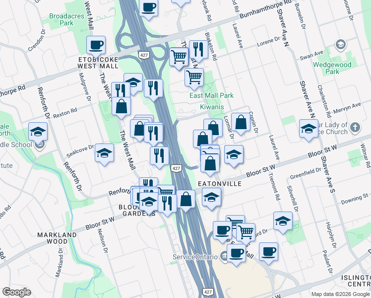 map of restaurants, bars, coffee shops, grocery stores, and more near 30 Gibbs Road in Toronto