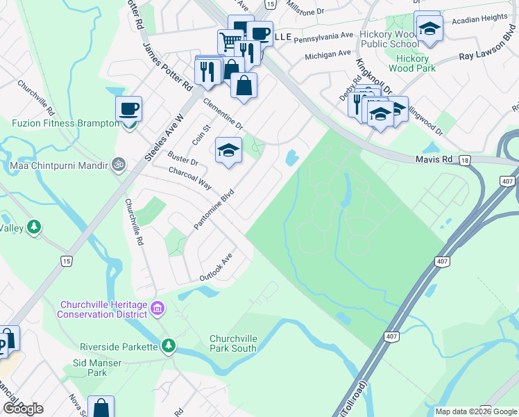 map of restaurants, bars, coffee shops, grocery stores, and more near 44 Ashdale Road in Brampton