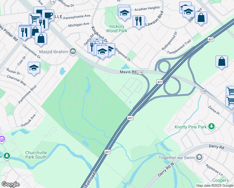 map of restaurants, bars, coffee shops, grocery stores, and more near 4 Cedar Lake Crescent in Brampton