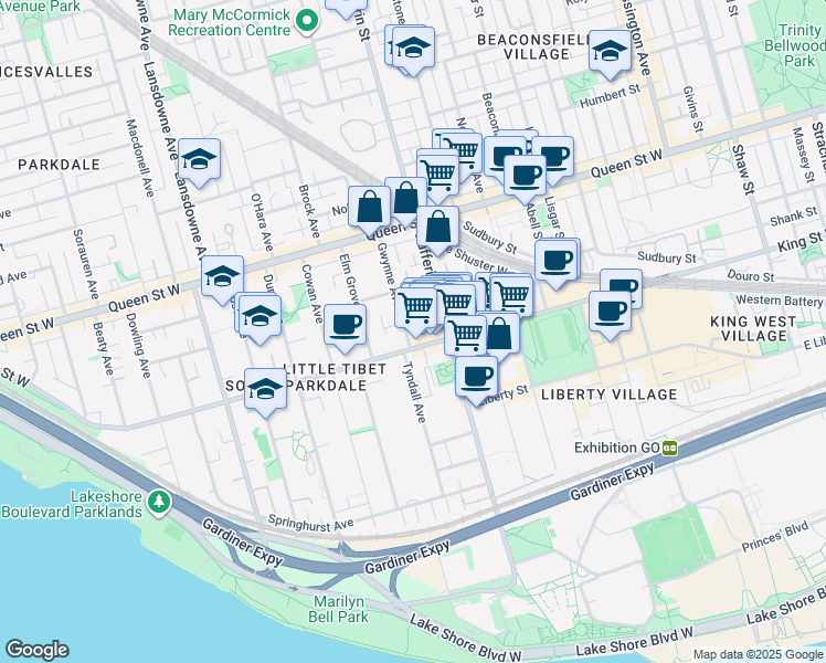 map of restaurants, bars, coffee shops, grocery stores, and more near 7 Gwynne Avenue in Toronto