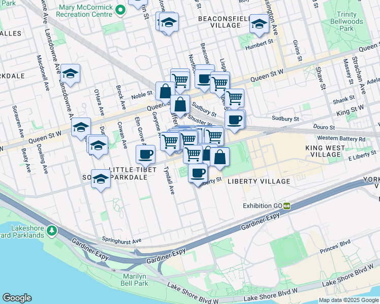 map of restaurants, bars, coffee shops, grocery stores, and more near 1182 King Street West in Toronto