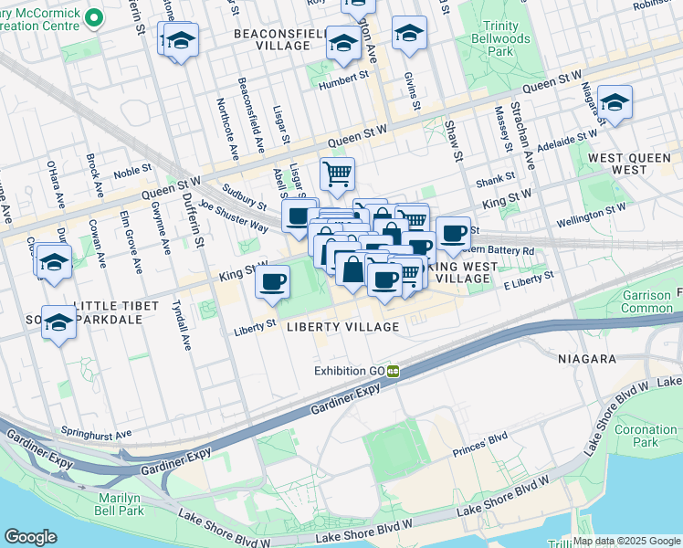 map of restaurants, bars, coffee shops, grocery stores, and more near 99 Atlantic Avenue in Toronto