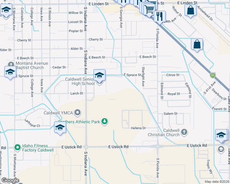 map of restaurants, bars, coffee shops, grocery stores, and more near 3401 South Indiana Avenue in Caldwell