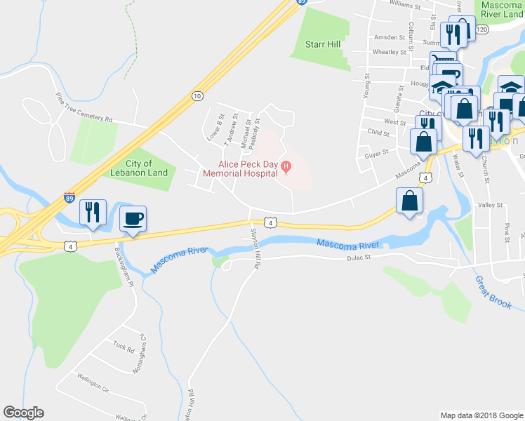 map of restaurants, bars, coffee shops, grocery stores, and more near 127 Mascoma Street in Lebanon