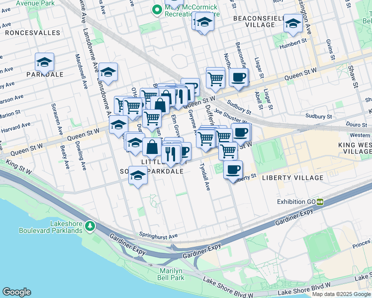 map of restaurants, bars, coffee shops, grocery stores, and more near 11 Elm Grove Avenue in Toronto