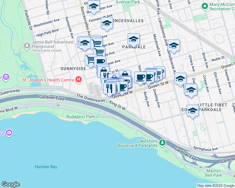 map of restaurants, bars, coffee shops, grocery stores, and more near in Toronto