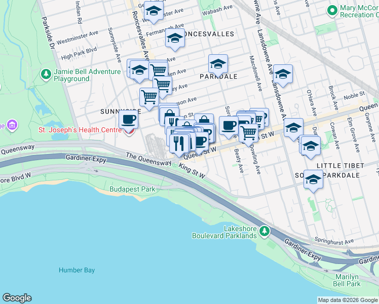 map of restaurants, bars, coffee shops, grocery stores, and more near in Toronto